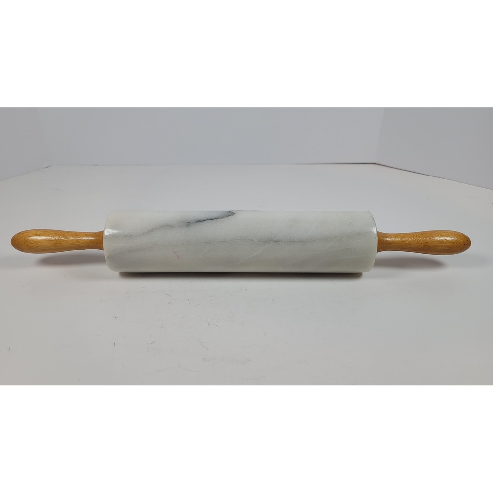 Vintage White Marble Rolling Pin with Wooden Handles 18 Inch Heavyweight Kitchen